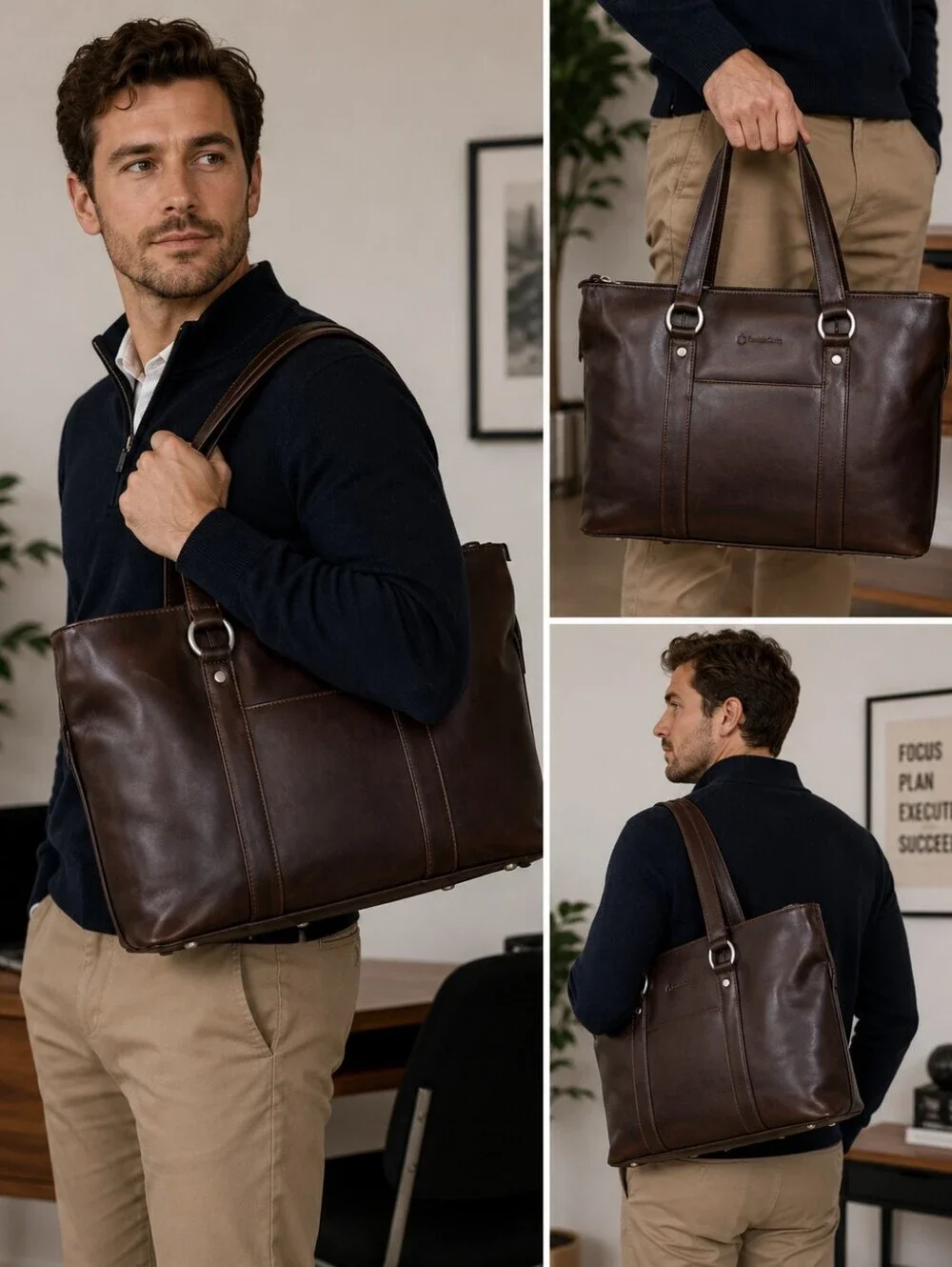 Franklin Covey Brown Genuine Leather Business Tote Laptop Bag NIB Unisex